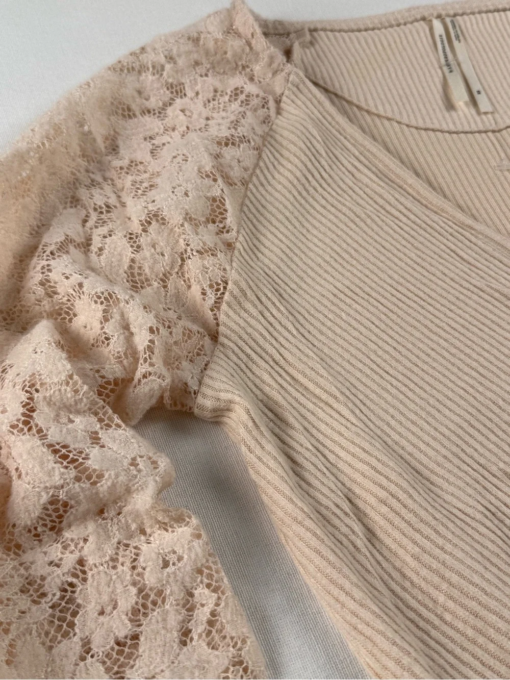 Anthropologie Lace-Sleeve Ribbed Wrap Top - Cream